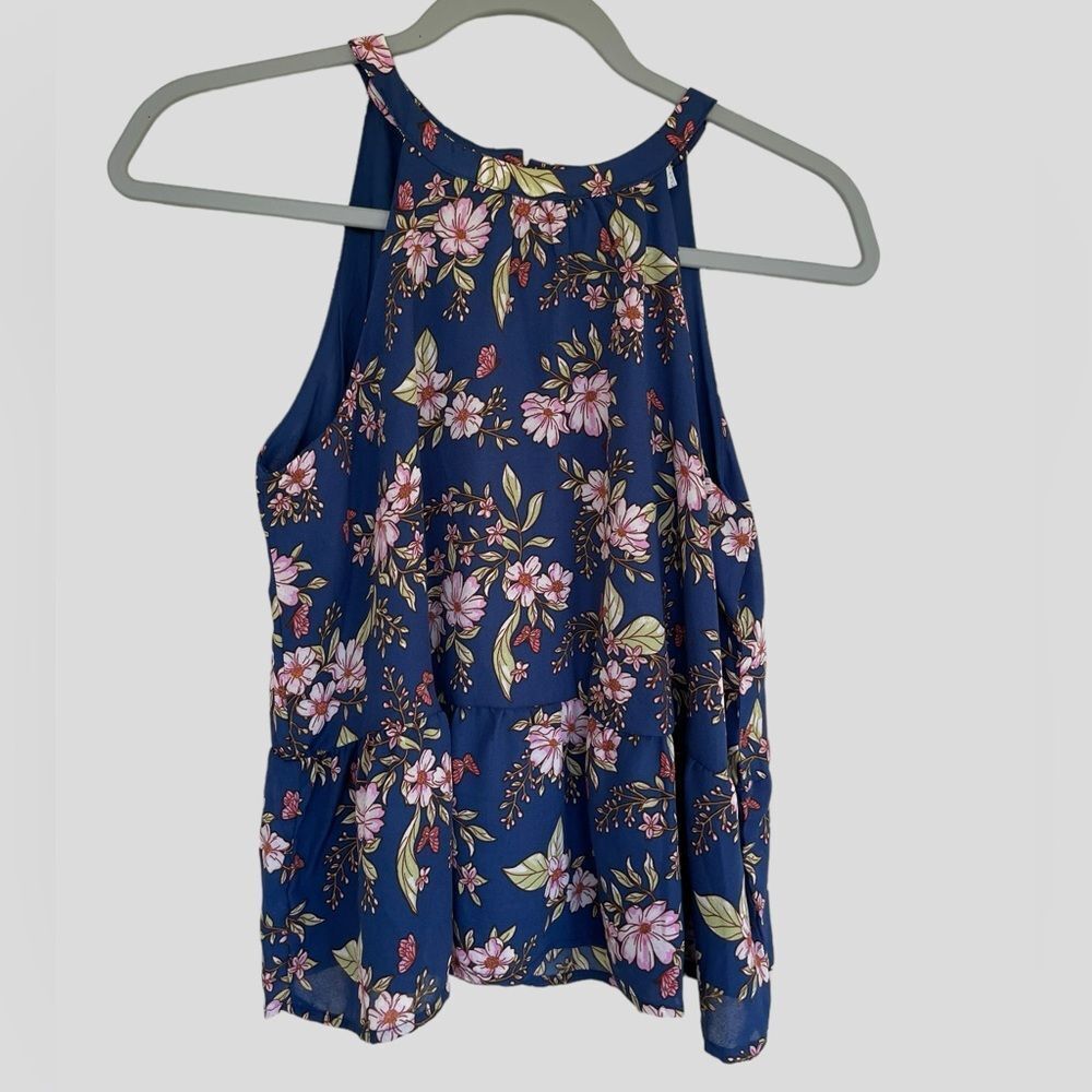 Planet Gold Floral Sleeveless Swing Top Blue High Neck Blouse NWT Small